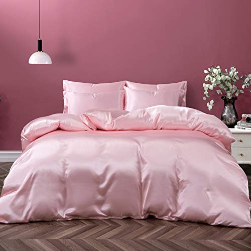 P Pothuiny 5 Pieces Satin Duvet cover FullQueen Size Set, Luxury Silky Like Blush Pink Duvet cover Bedding Set with Zipper closu