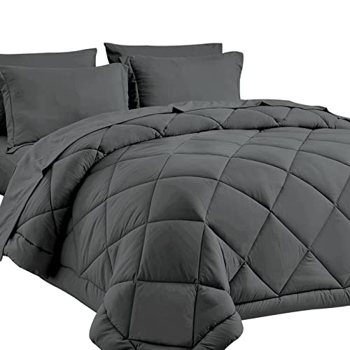 cozyLux Queen Bed in a Bag 7-Pieces comforter Sets with comforter and Sheets Dark grey All Season Bedding Sets with comforter, P