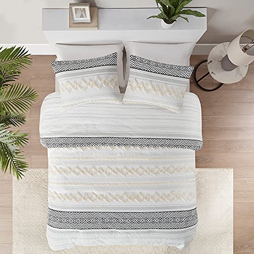 Hyde Lane Boho Bedding comforter Sets King, Ivory Farmhouse Bedding Set ,cotton Top with Modern Neutral Style clipped Jacquard Stripes, 3-