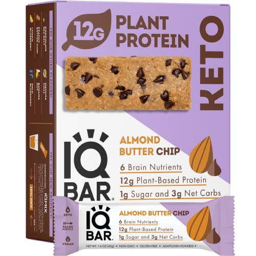 IQBAR Brain and Body Keto Protein Bars - Almond Butter chip Keto Bars - 12-count Energy Bars - Low carb Protein Bars - High Fibe