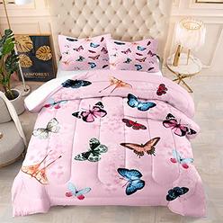 DTATY Butterfly Pink comforter Sets for Teen girls Queen Size 3 Piece girly Flower Bedding Set, 1 comforter + 2 Pillow Shams