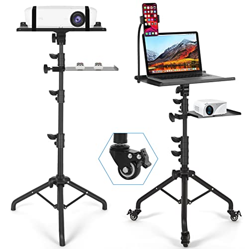 Tossbiss Projector Tripod Stand with 2 Shelves, Laptop Tripod on Wheels, Portable Projector Floor Stand Adjustable Height 259 to 518 Inch