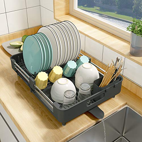 SAYZH Dish Drying Rack, Kitchen Dish Drainer Rack, Expandable(132-197) Stainless Steel Sink Organizer Dish Rack and Drainboard Set with Utensil Holder Cups