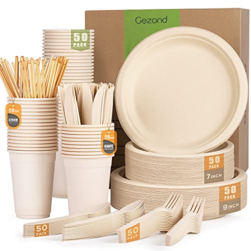 gezond 350pcs compostable Paper Plates Set Eco-friendly Heavy-duty Disposable Paper Plates cutlery Includes Biodegradable Plates