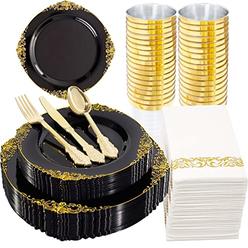 Hioasis 175PcS Black Plastic Plates with gold rim&gold Silverware For Weddings&Parties,Holiday events Served for 25guests-compon