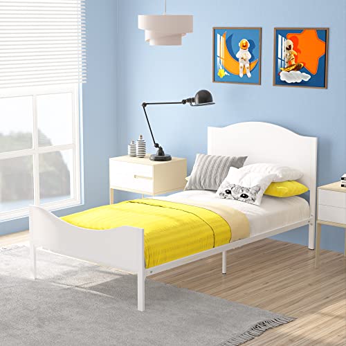 Timy Kids Twin Bed Frame with Wooden Headboard and Footboard , Metal Platform Bed Frame for Boys girls Teens Adults, Modern Kids