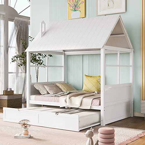 Harper & Bright Desi Full Size House Bed with Twin Size Trundle, Wooden Full Daybed with Trundle, Roof and Slat Supports, Montessori Bed, House Full 
