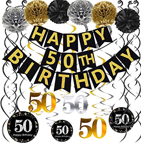 Famoby Black & gold glittery Happy 50th Birthday Banner,Poms,Sparkling 50 Hanging Swirls Kit for 50th Birthday Party 50th Annive