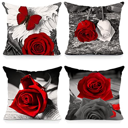 Okasion Set of 4 18x18 Flower Throw Pillow covers Red Rose gray Black  Decorative Pillow covers couch Bed Sofa Floral Square Pill