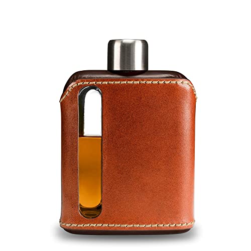 Ragproper Modern glass Hip Flask for Whiskey and Spirits (Single Shot 100ml, Leather Dark & Tan)