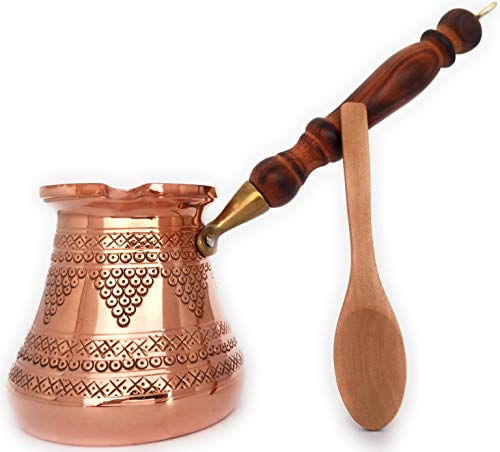DEDE copper - PcZ Series (Large-14floz) - Thickest Solid copper EngravedHammered Turkish greek Arabic coffee Pot with Wooden Han