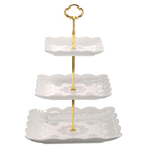 Sumerflos 3 Tier Porcelain cupcake Stand, Tiered Serving cake Stand, Square White Embossed Dessert Stand, Weddings Parties Pastr