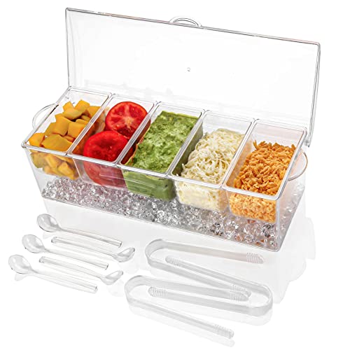 IVYHOME Ice chilled 5 compartment condiment Server caddy  Plastic Storage Food containers  Serving Tray container with 5 Removab