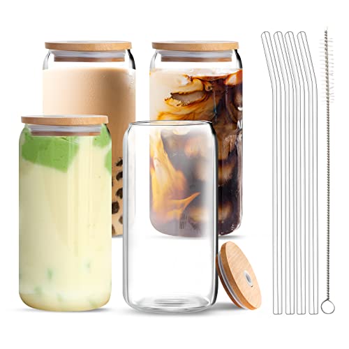Vozoka Beer can glass with Bamboo Lids and glass Straws, 4 Pack