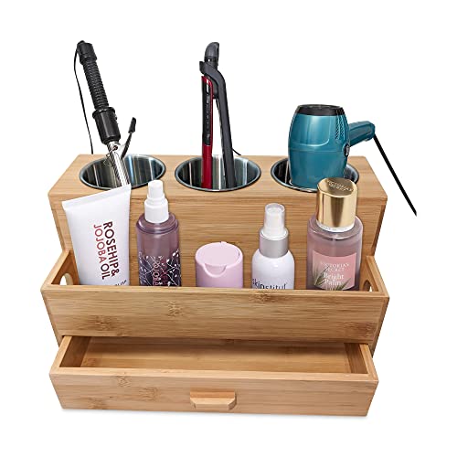 Harzen Brothers Hair Tool Organizer- Bamboo, Blow Dryer Holder, Bathroom  countertop, Vanity caddy Storage Stand for Accessories,