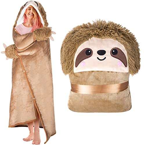 HAPPY FUEL Sloth Wearable Hooded Blanket for Adults - Super Soft Warm cozy Plush Flannel Fleece & Sherpa Hoodie Throw cloak Wrap - Sloth gi