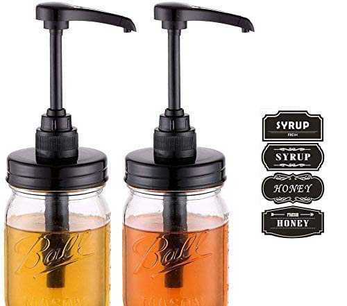 Elwiya Mason Jar Syrup & Honey Dispenser Pump Lids, Rust Proof, Plastic Dispenser Lid for 16 oz Regular Mouth Mason Jars Kitchen and Ta