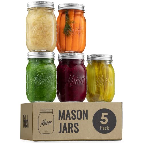 Paksh Novelty Mason Jars 16 oz - 5-Pack Regular Mouth glass Jars with Lid & Seal Bands - Airtight container for Pickling, cannin