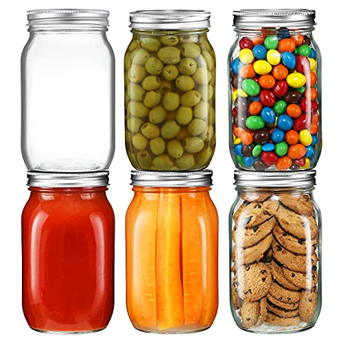 YEBODA 6 Pack Wide Mouth Mason Jars 32oz glass canning Jars with Airtight Lids and Bands for Preserving, Jam, Honey, Jelly, Wedd
