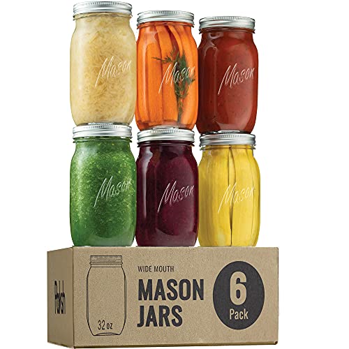 Paksh Novelty Mason Jars 32 oz - 6-Pack Wide Mouth glass Jars with Lid & Seal Bands - Airtight container for Pickling, canning, 