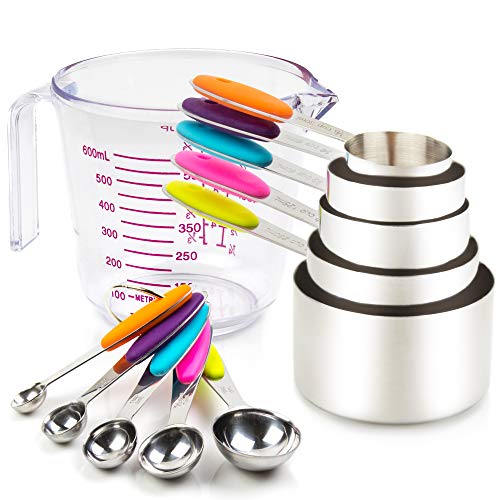 Control Kitchen Measuring cups and Spoons Set 11 Piece Includes 10 Stainless Steel Measuring Spoons and cups Set and 1 Plastic Measuring cup Liq