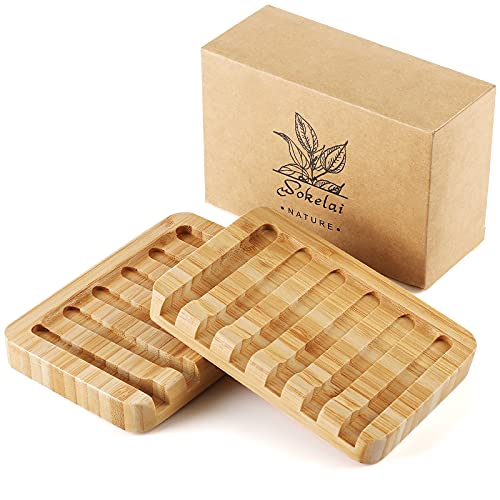 Wokelai 2 Pack Bamboo Wooden Soap Dish Holder Tray, Wood Bar Soap Saver Self Draining Soap case for Shower, Bathroom, Kitchen, Bath Tub,