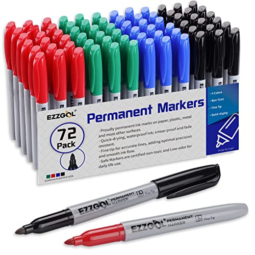 Ezzgol Permanent Markers Bulk, EZZgOL Permanent Marker Bulk Pack of 72, 4 Assorted colors, Fine Point Permanent Markers For Kids and Ad