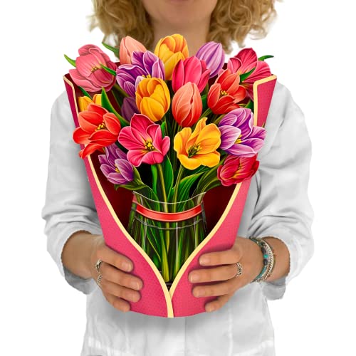 Freshcut Paper Pop Up cards, Festive Tulips, 12 inch Life Sized Forever Flower Bouquet 3D Popup Paper Flower Easter Mothers Day 