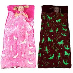 DreamsBe Unicorn Sleeping Bag glow in The Dark Fairy Slumber Bag for girls - Plush glowing girly Nap Mat for Kids- Luminescent Pink Large