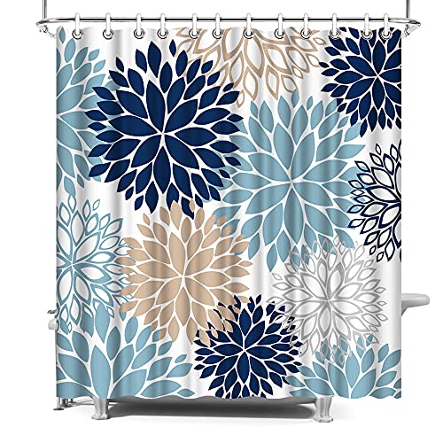 ArtBones Dahlia Pinnata Flower Shower curtain Floral Blue Bath curtain Waterproof Polyester Fabric Bathroom Decor Set Navy Blue 