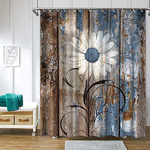 Verngo Rustic Daisy Shower curtains, Blue Brown Floral Farmhouse Shower curtains for Bathroom, Spring country Botanical Bathroom