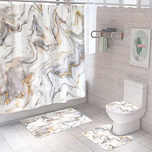 Nljihkure 4 Pcs Marble Shower curtain Sets, Marble Bathroom curtains Shower Decor Set with Non-Slip Rug, Toilet Lid cover and Bath Mat, Sh