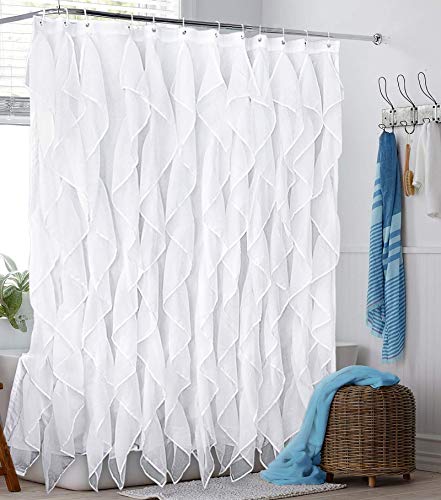REISEN White Ruffle Shower curtain Fabric  cloth Farmhouse Bathroom Sheer Shower curtain, 70in Long