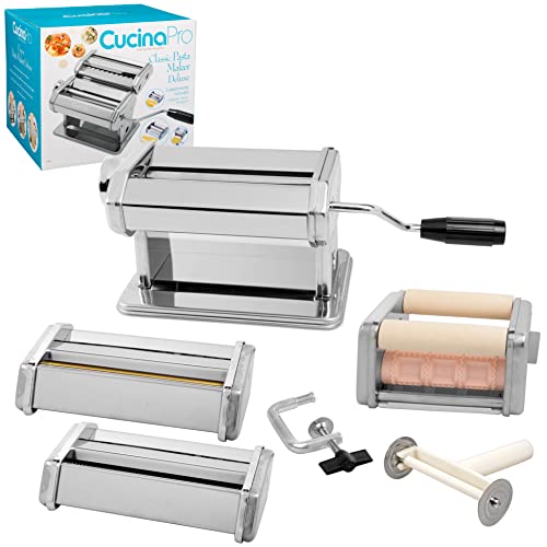 Cucina Pro Pasta Maker Deluxe Set 5 Piece Steel Machine with Spaghetti  Fettuccini Roller, Angel Hair,