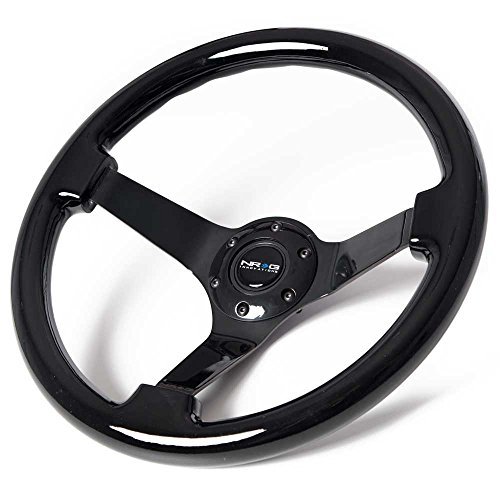 NRG Innovations ST-036BK-BK Classic Black Wood Grain Wheel (3" Deep, 350mm, 3 Solid spoke center in Black Chrome)