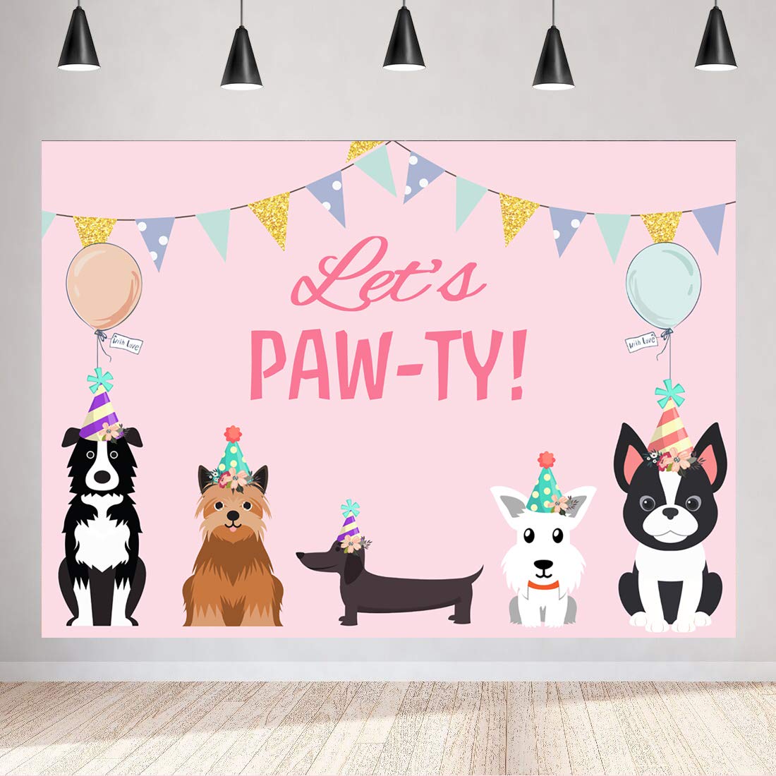 Aperturee 7x5ft Puppy Dog Happy Birthday Themed Backdrops Lets Paw-ty Doggy Pet Pink girl Photography Backdrop Birthday Banner for Puppy B