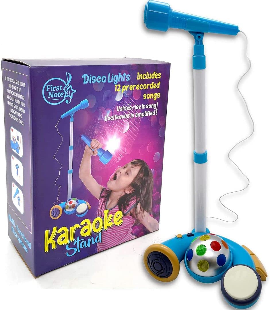 First Note USA Kids Karaoke Machine with Blue Microphone and Adjustable Stand, Music Sing Along with Flashing Stage Lights and P