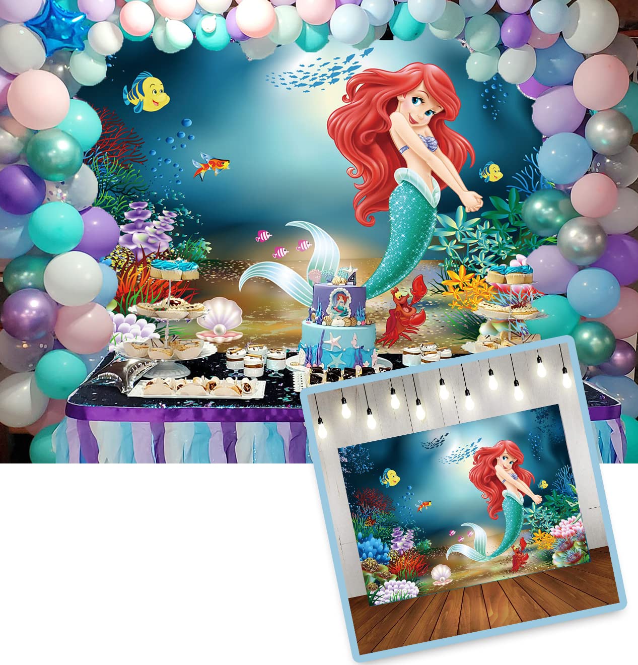 TXUE-cy208 TXUE Mermaid Backdrop Under The Sea Little Mermaid Photography  Background Mermaid Princess girls Birthday Party cake Table Decor