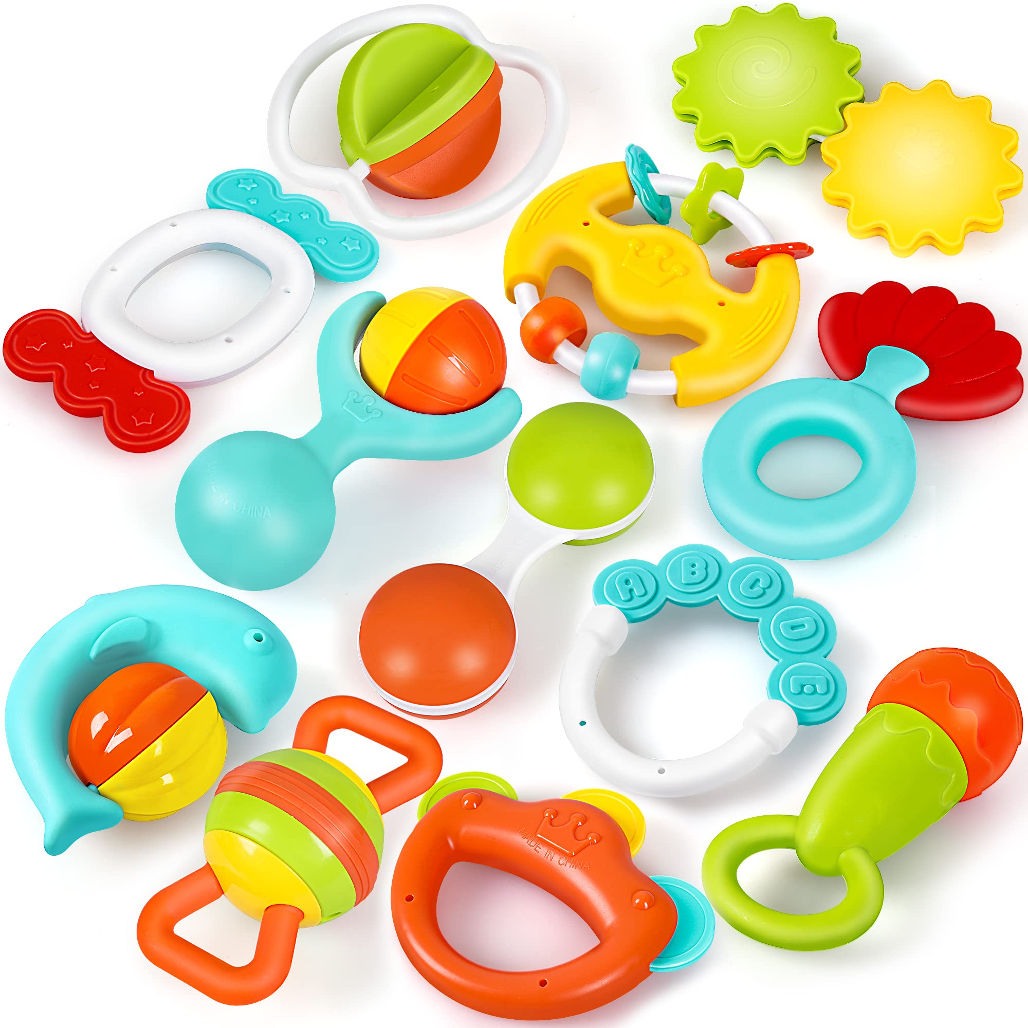 JEMSHE Baby Toys for 0-3-6-8-12 Months Infant Rattles Teething Set-12pcs colorful Newborn Early Educational Sensory Toys-Enlight