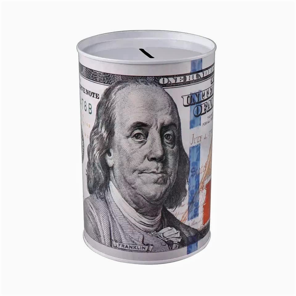 Smart Stuff Market Metal Piggy Bank 100 Dollar Bill 85 Tall Money Jar Benjamin Franklin Money Bank for Adults Money Saver Tin can currency Big Pigg
