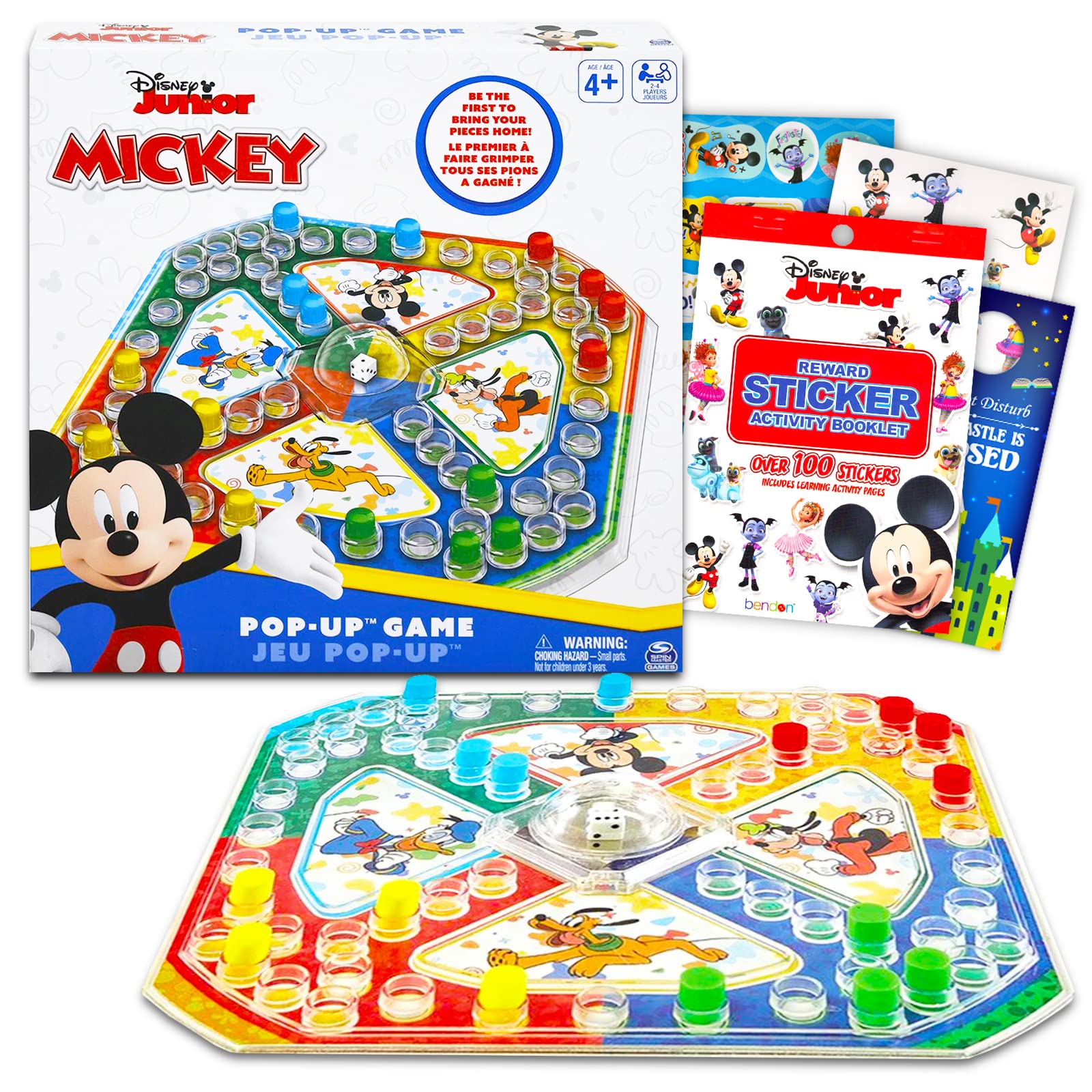 classic Disney Disney Mickey Mouse Pop Up game  3 Pc Bundle with Disney Mickey Mouse Board game for Kids with Pop Up Dice, Stick
