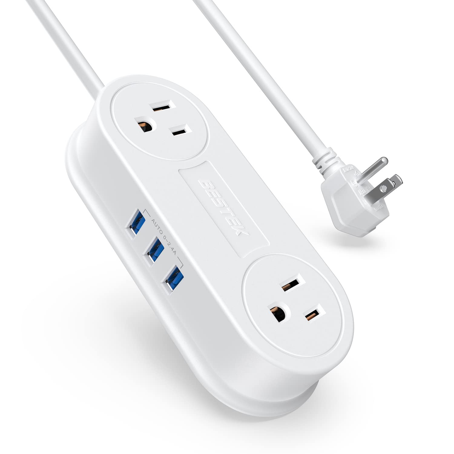 Bestek Small Travel Power Strip with 3 USB Ports, BESTEK 2 Outlet Portable Plug Strip charging Station with Adhesive Sticker, 5 Ft Exte