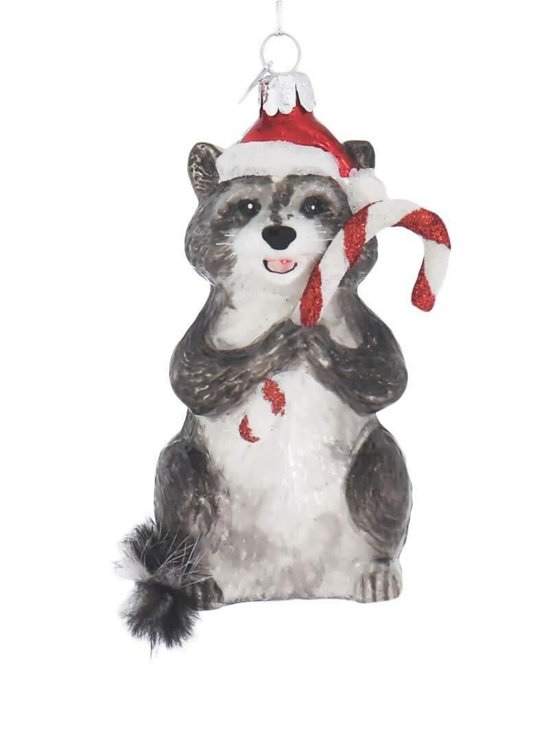Kurt S Adler Noble gems Raccoon with candy cane glass christmas Ornament NB1569