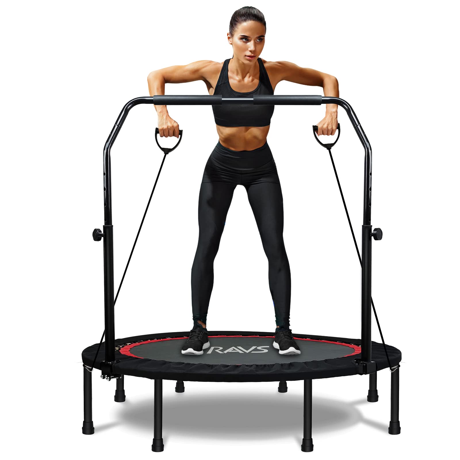 RAVS Mini Trampoline for Kids Adults 48 Foldable Fitness Rebounder Trampoline with Height Adjustable Handle - Exercise Trampolin