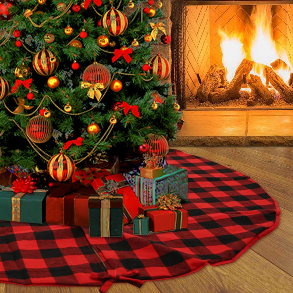 Hxezoc 48 Inch Buffalo Plaid christmas Tree Skirt Large Red and Black Buffalo Plaid Double Layers Tree Skirt for Holiday christmas Deco