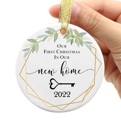 SUNBMO Two-Side Printed ceramic New Home 2022 Ornament, Our First christmas in Our New Home 2022 christmas Ornament, Housewarming gift
