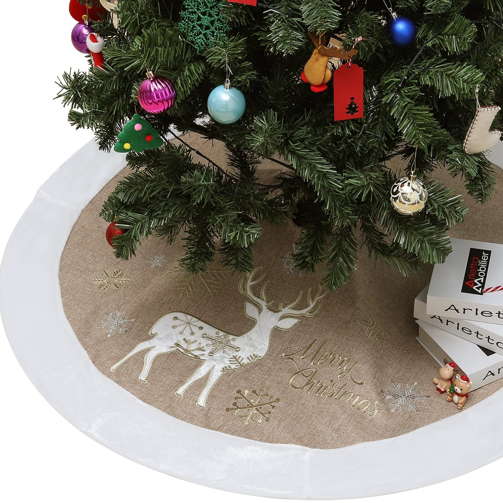 Lewondr christmas Tree Skirt 48 Inch Burlap Embroidery Reindeer Tree Skirt Snowy Mat Decorations Indoors for Holiday Party celeb