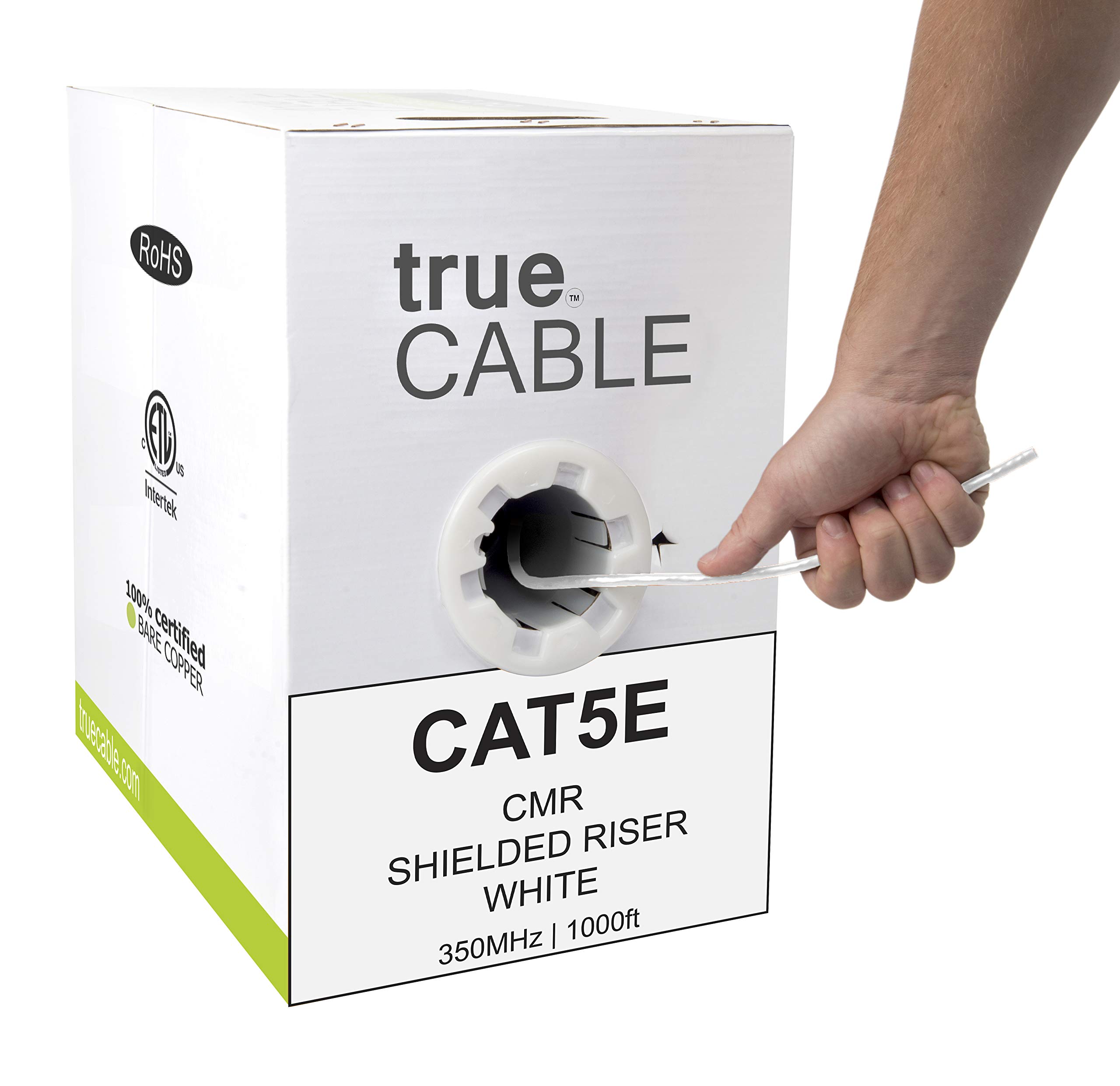 True Cable truecABLE cat5e Shielded Riser (cMR), 1000ft, White, 24AWg Solid Bare copper, 350MHz, PoE++ (4PPoE), ETL Listed, Overall Foil Sh