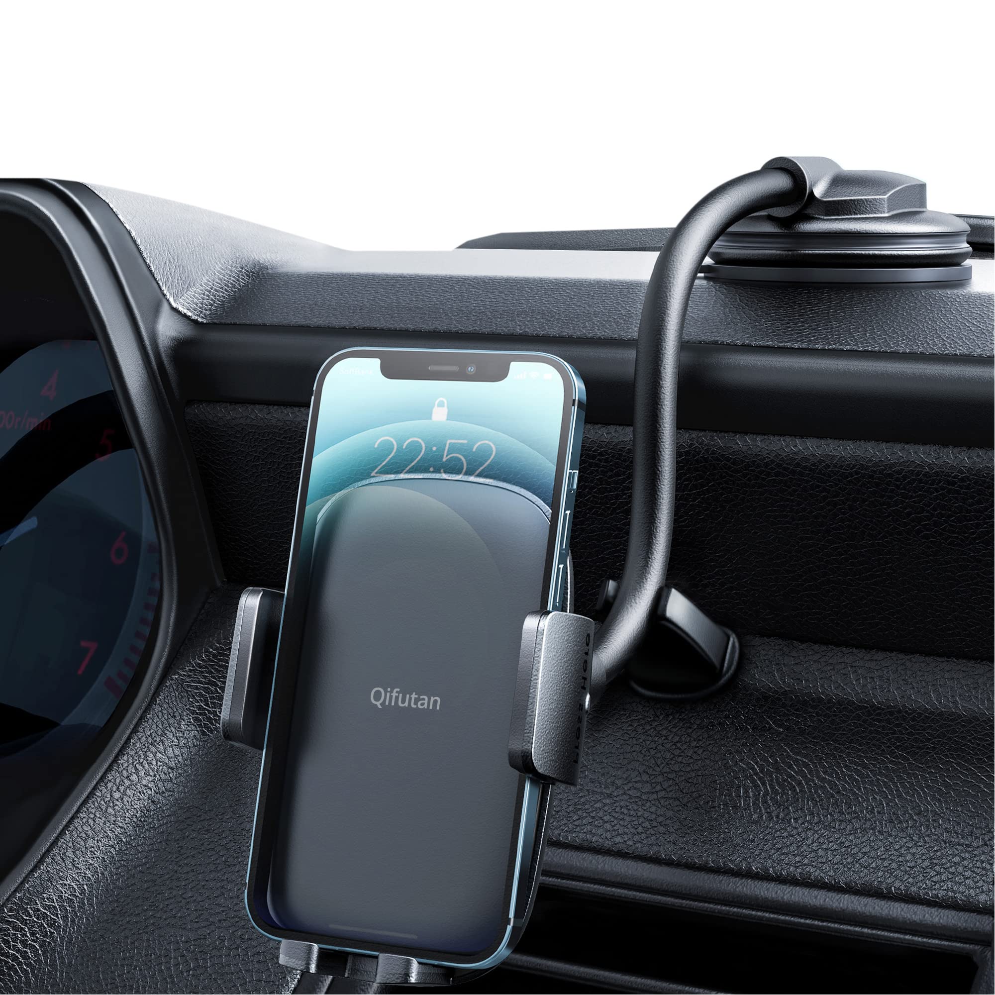 Qifutan Car Phone Holder mounted on a textured dashboard