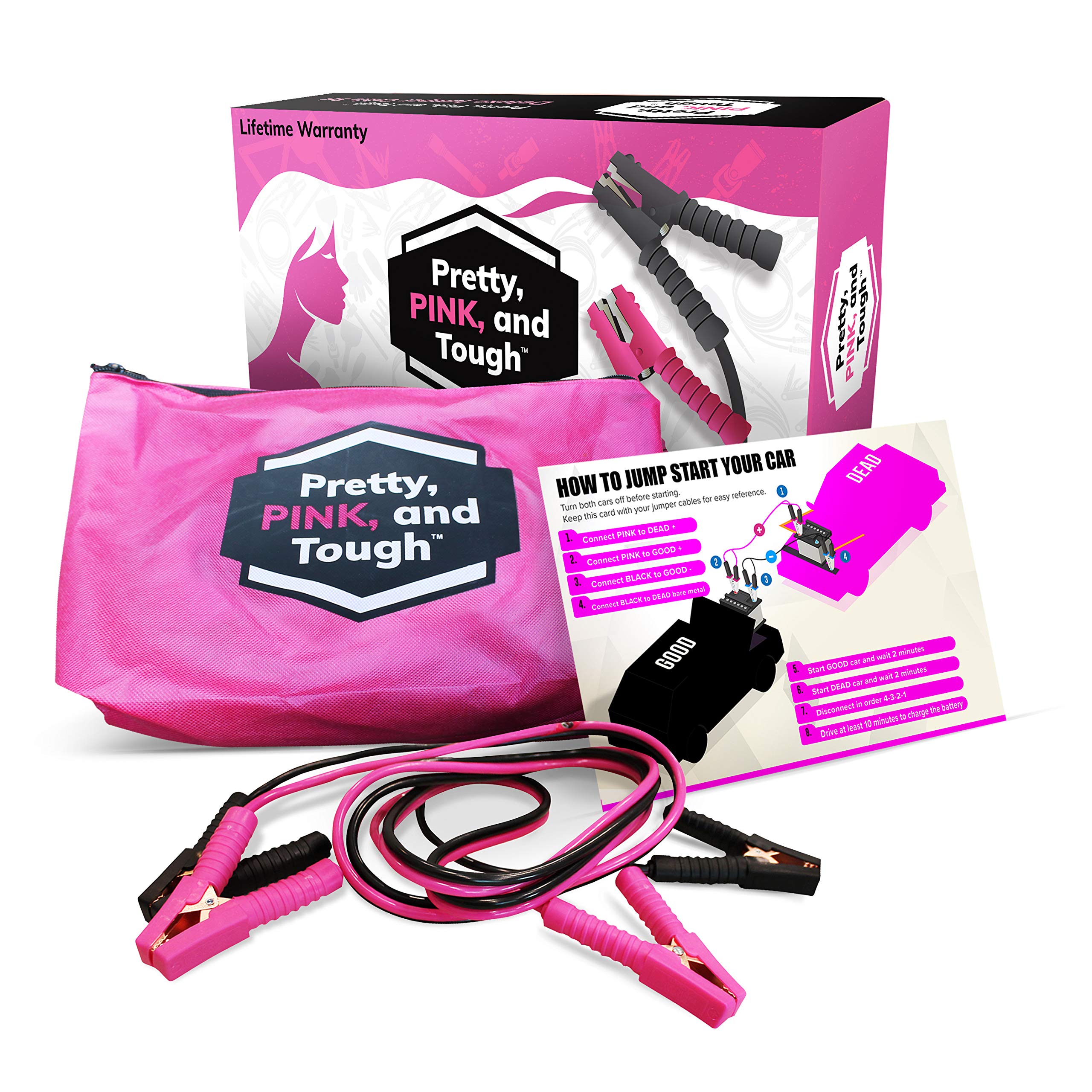 GearsOut Pretty Pink and Tough Deluxe Jumper cable Set - Pink Jumper cables for Teen girls and Women - 12-ft, Pink and Black carry Pouch,